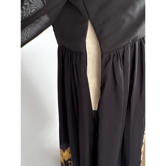 Black Gold Floral Dress Handkerchief Hem SMALL Boho Festival Whimsigoth Peasant - Picture 6 of 9